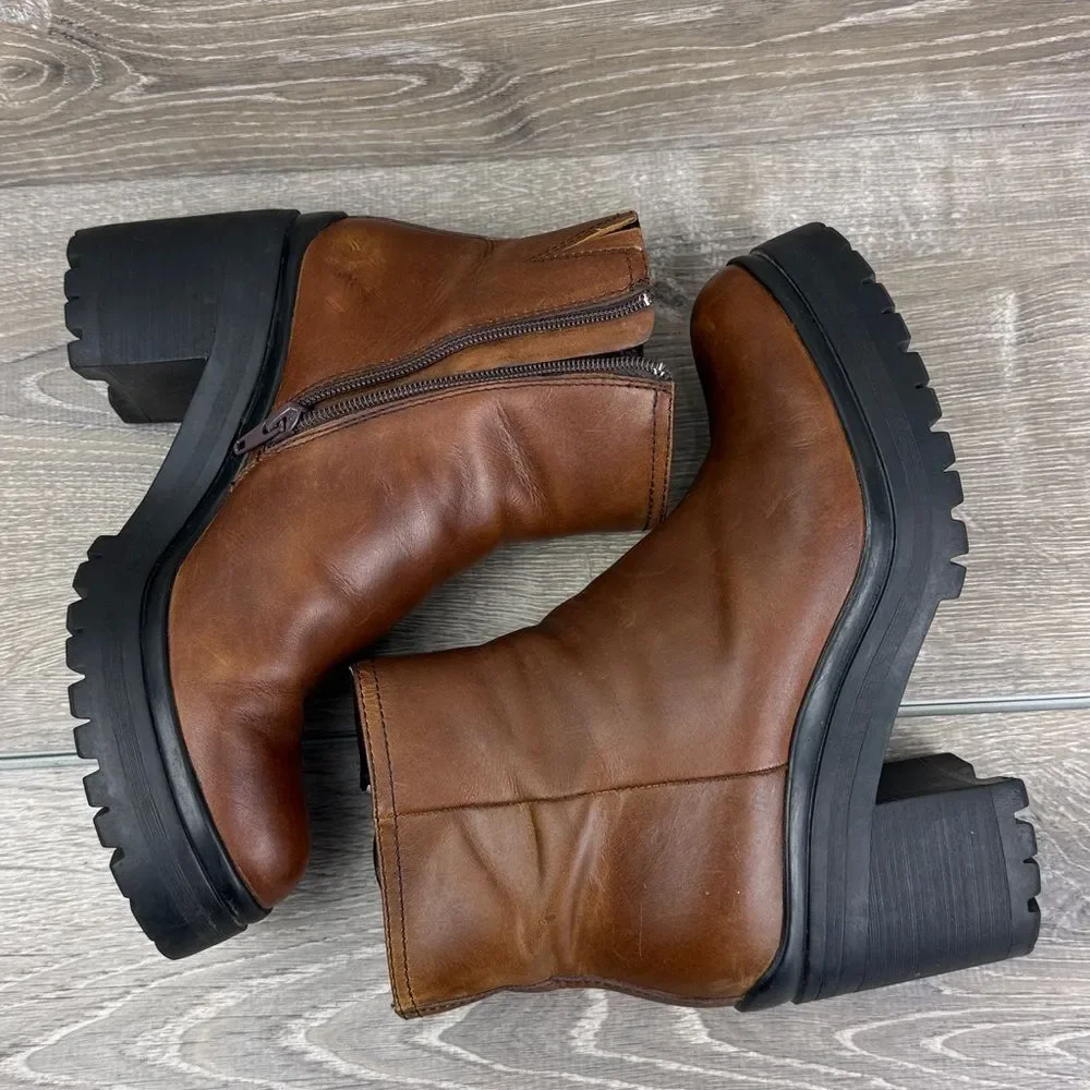 Jeffrey Campbell Anemone Women’s Sz 7.5 Brown Leather Chunky Lug Zip Ankle Boots